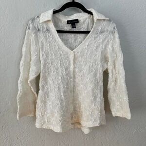 INC International Concepts‎ White Floral Lace Crinkle Button Up Top Large